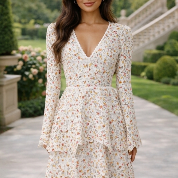 Monique Lhuillier Dresses & Skirts - Monique Lhuillier White With Color Floral Tiered Midi Dress Summer Garden Events